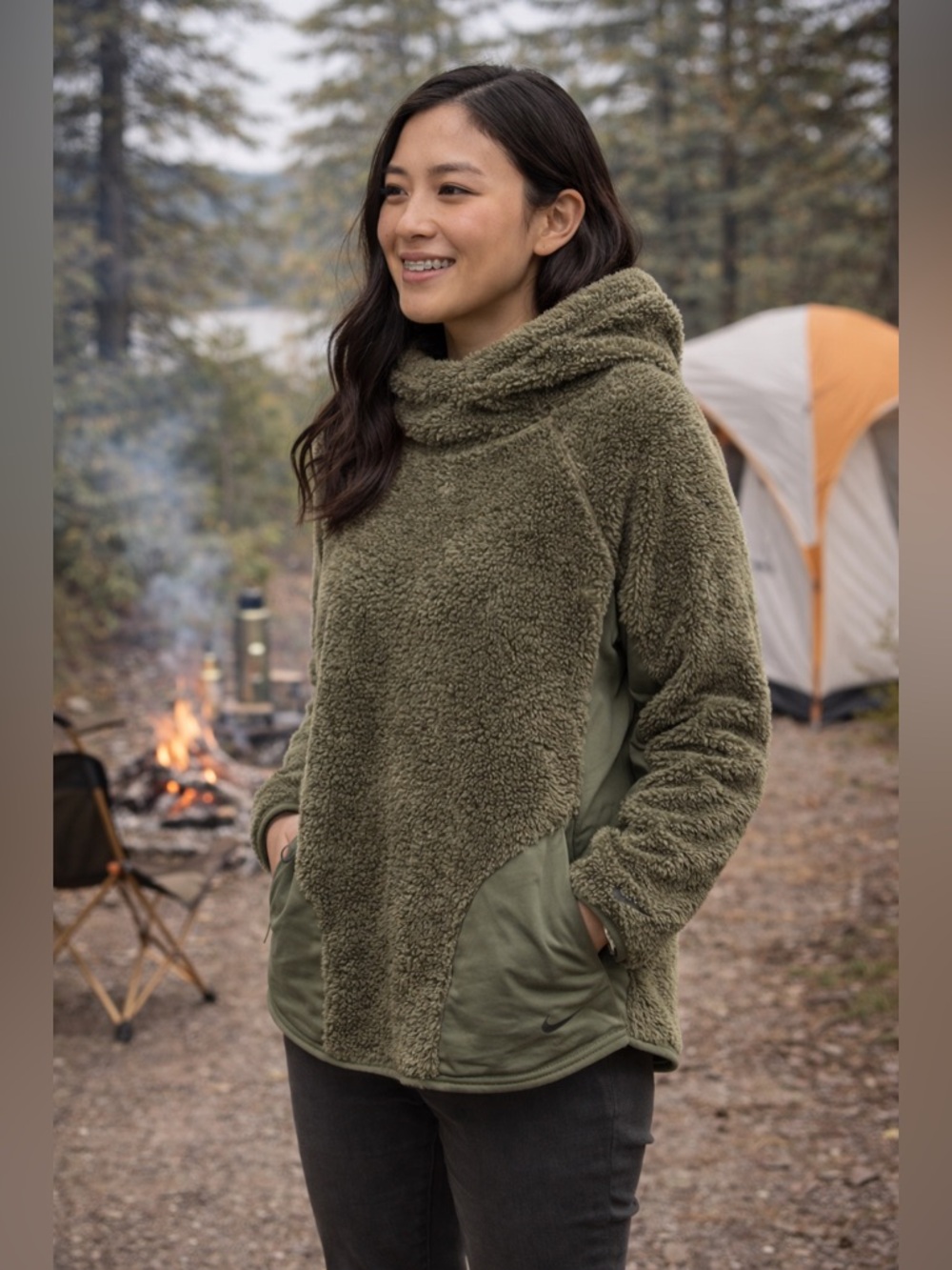 Nike Women Olive green Fleece Sherpa Hoodie‎ Pullover  Size L